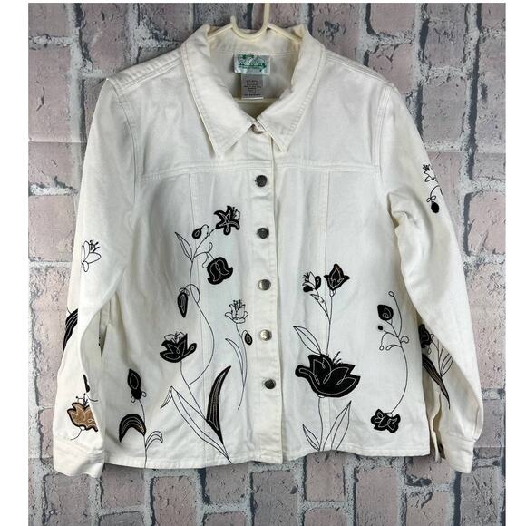 Vintage 90's The Quacker Factory Women Flower Oversized Denim Jacket Size L - Picture 2 of 7